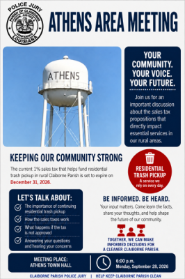 Athens Area Meeting for Nov 3rd Sales Tax Propositions for Rural Trash Pickup